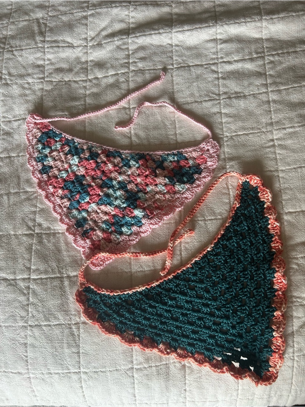 Handmade Crochet Triangle Hair Scarves — Pink & Teal